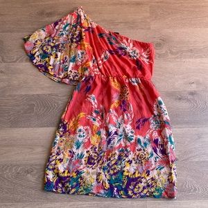 Blue Rain One shoulder dress Coral Purple Teal M